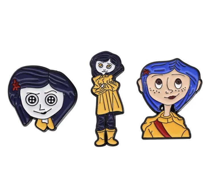 x 3 Coraline Doll Pin Enamel Metal Badge Cult Movie Gaiman Book Set gift bag2