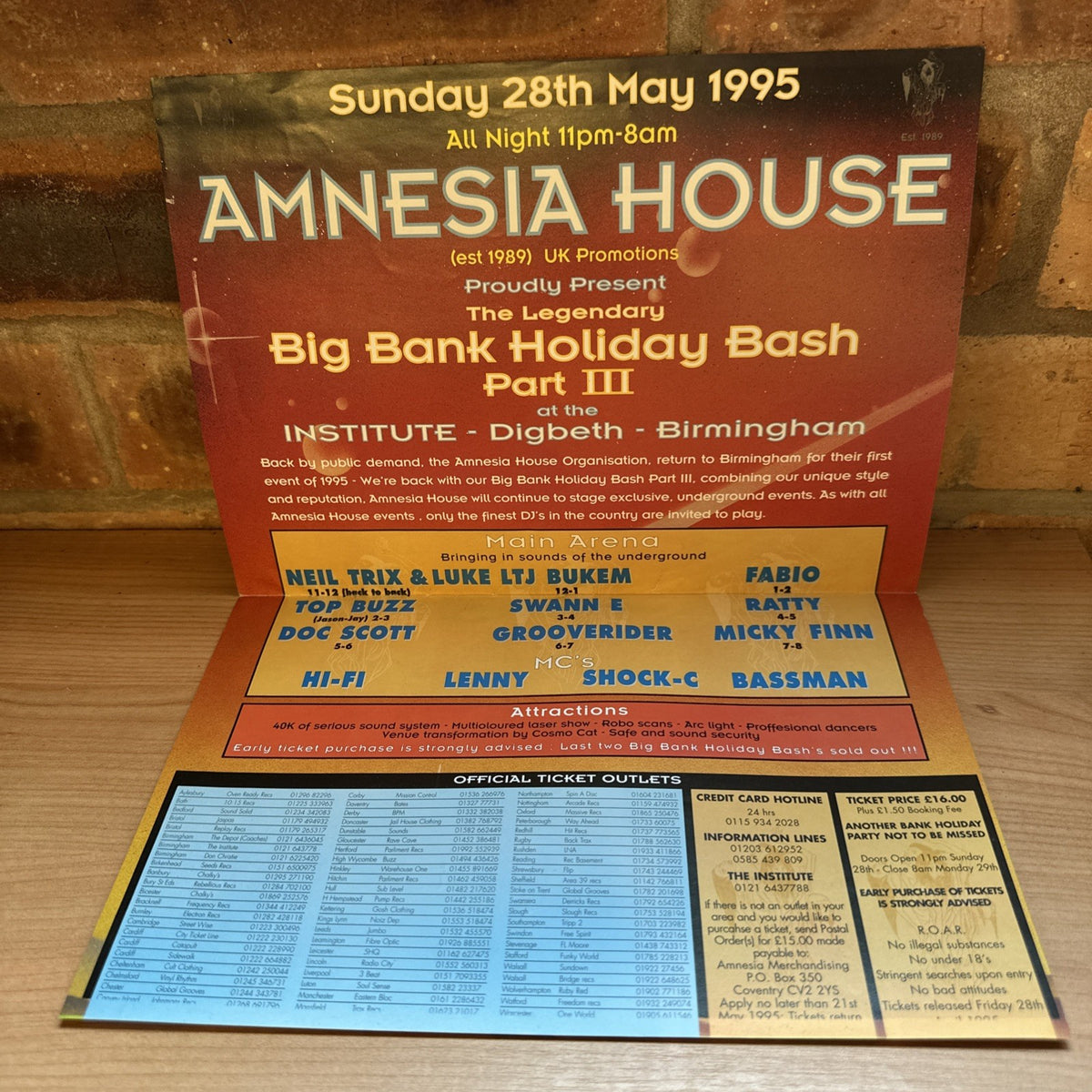 Rave Flyer Amnesia House 28th Nov 95 Bank Holiday Bash Institute Digbeth1