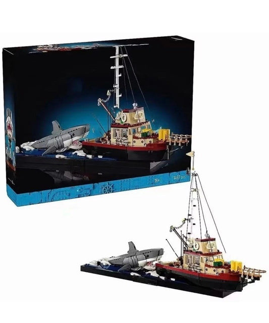 2024 New 21350 Jaws 50th Diorama Boat Shark Ship Building Blocks Fishing Boat