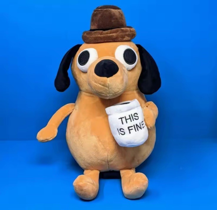 25cm This Is Fine Meme Coffee Dog Plush Toy Soft Stuffed Doll Stuffed Plush D0