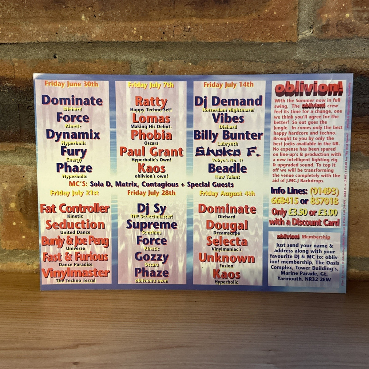 Rave Flyer Oblivion @ Tiffany’s Gt Yarmouth Summer Of Love 1995 Line Ups1