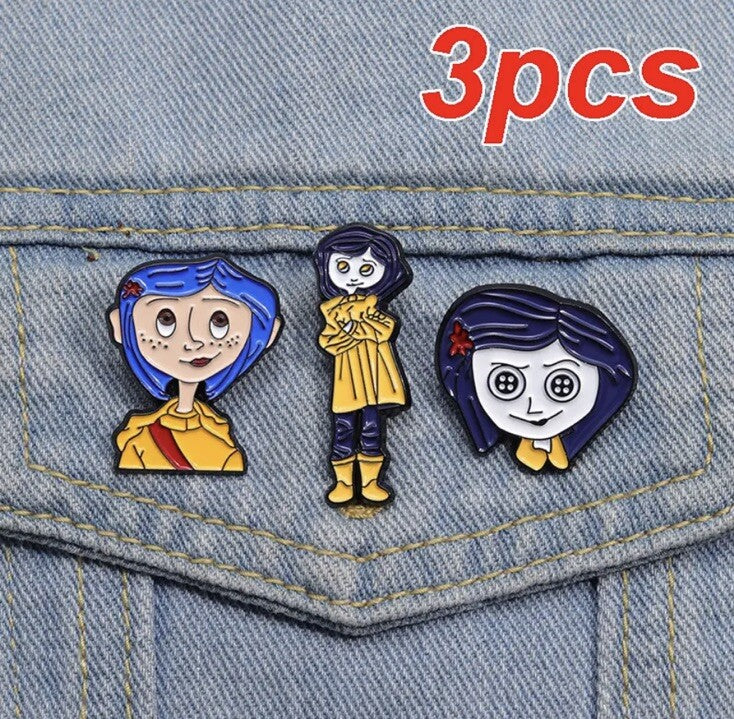 x 3 Coraline Doll Pin Enamel Metal Badge Cult Movie Gaiman Book Set gift bag0