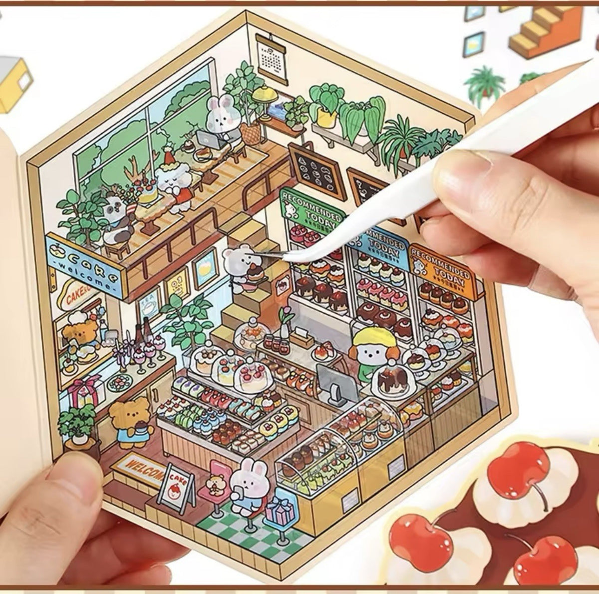 NEW 4Pc Mega Scenes DIY Cartoon 3D Landscape Sticker Book Coffee Bakery3