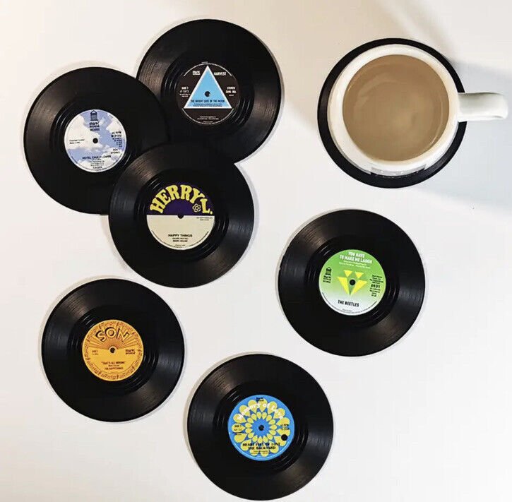 6 Piece Retro Anti - Skid Mini Vinyl Record Coasters With Record Player Holder - SOScollectible