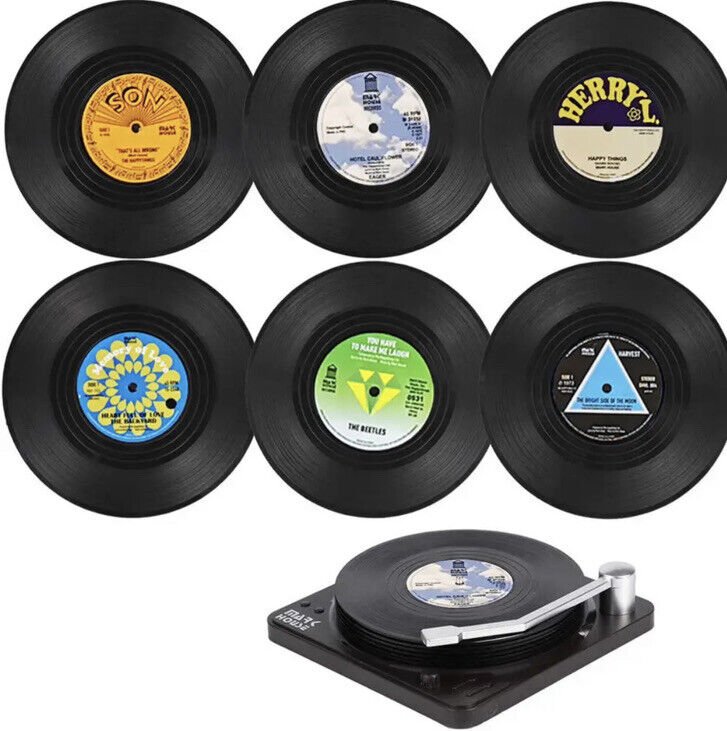 6 Piece Retro Anti - Skid Mini Vinyl Record Coasters With Record Player Holder - SOScollectible