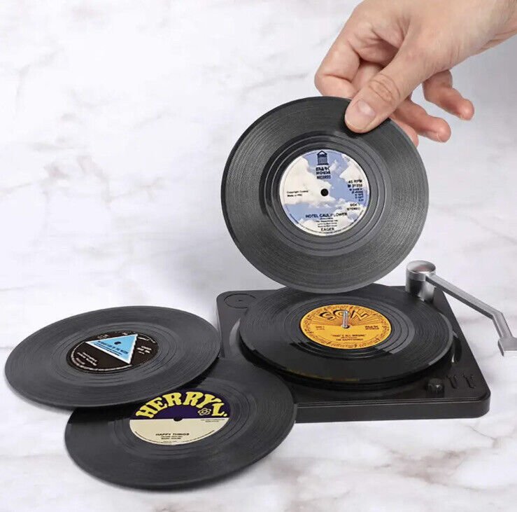 6 Piece Retro Anti - Skid Mini Vinyl Record Coasters With Record Player Holder - SOScollectible