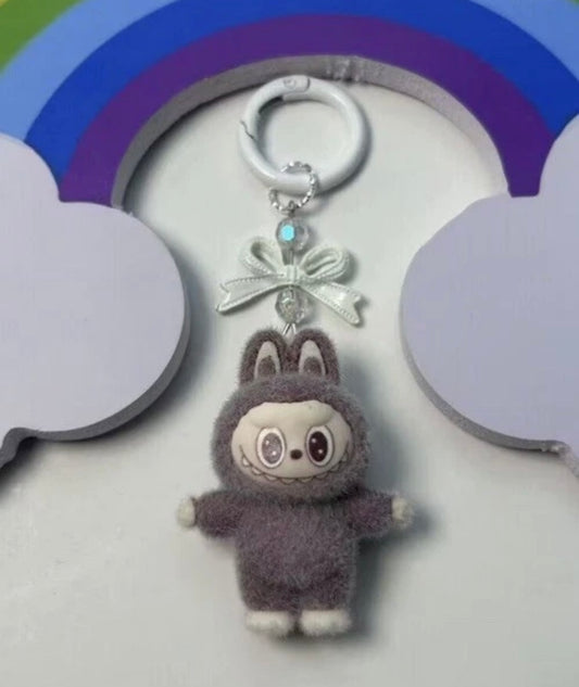 Brown Flocked Standing Labubu Doll Keychain Key Ring Toy Ornaments Charms Gift