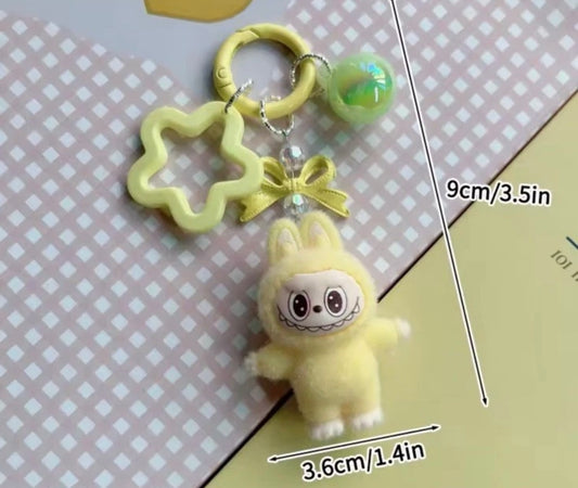 Yellow Flocked Standing Labubu Doll Keychain Key Ring Toy Ornaments Charms Gift