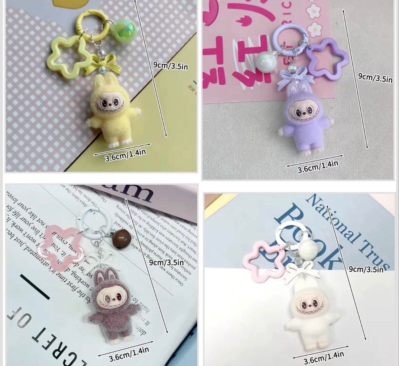 Brown Flocked Standing Labubu Doll Keychain Key Ring Toy Ornaments Charms Gift