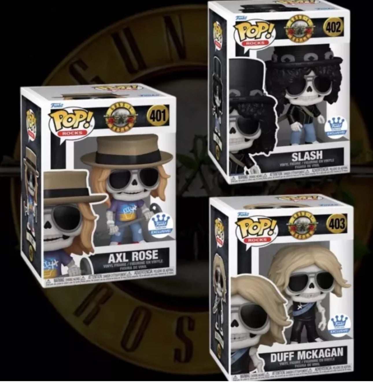 Funko Pop Rocks -Guns And Roses- Axl Rose, Slash And Duff Mckagan rare skeleton set brand new in protectors