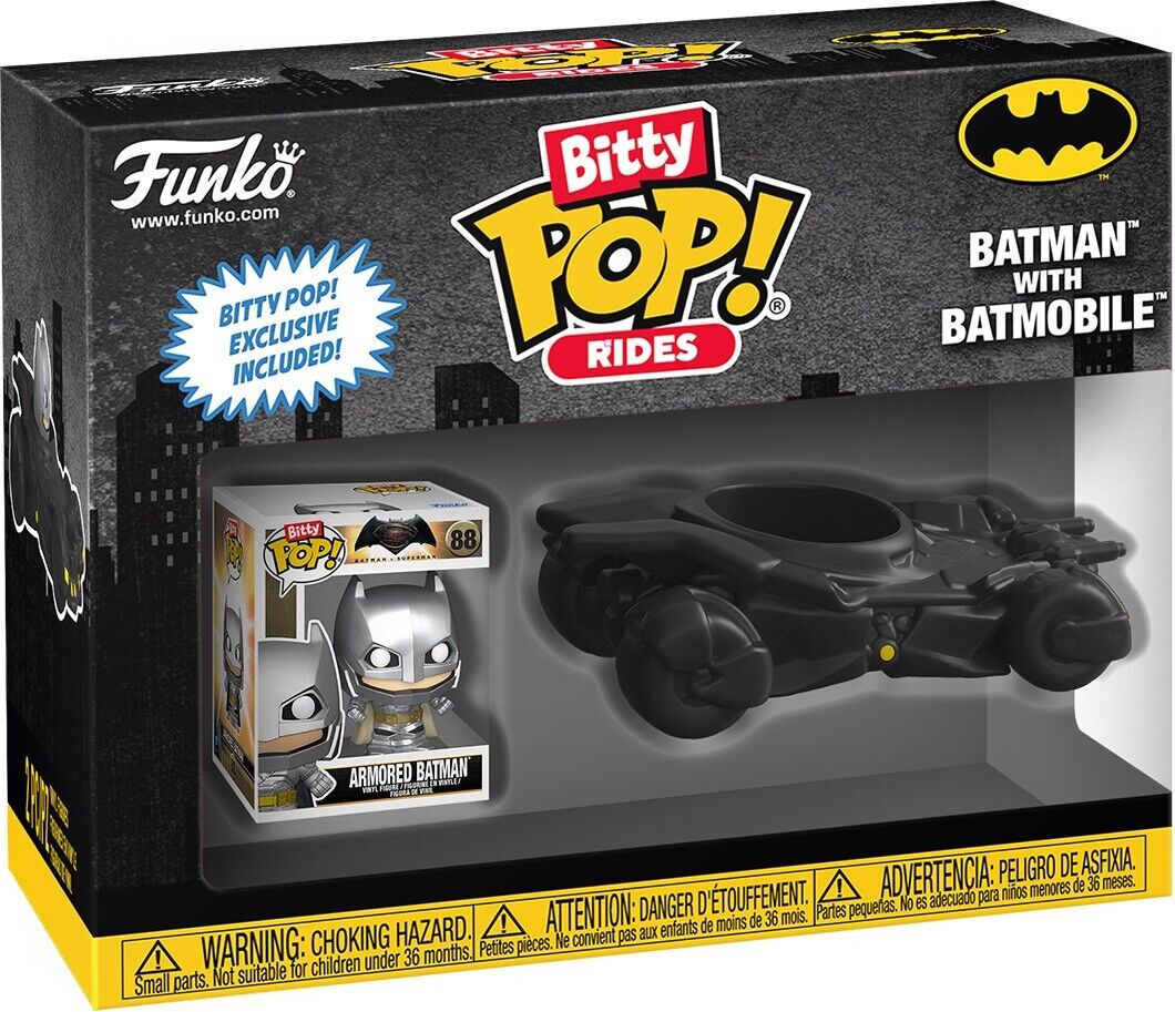 BATMAN WITH BATMOBILE Armoured Batman Funko Bitty Pop! Rides In Stk Now - SOScollectible