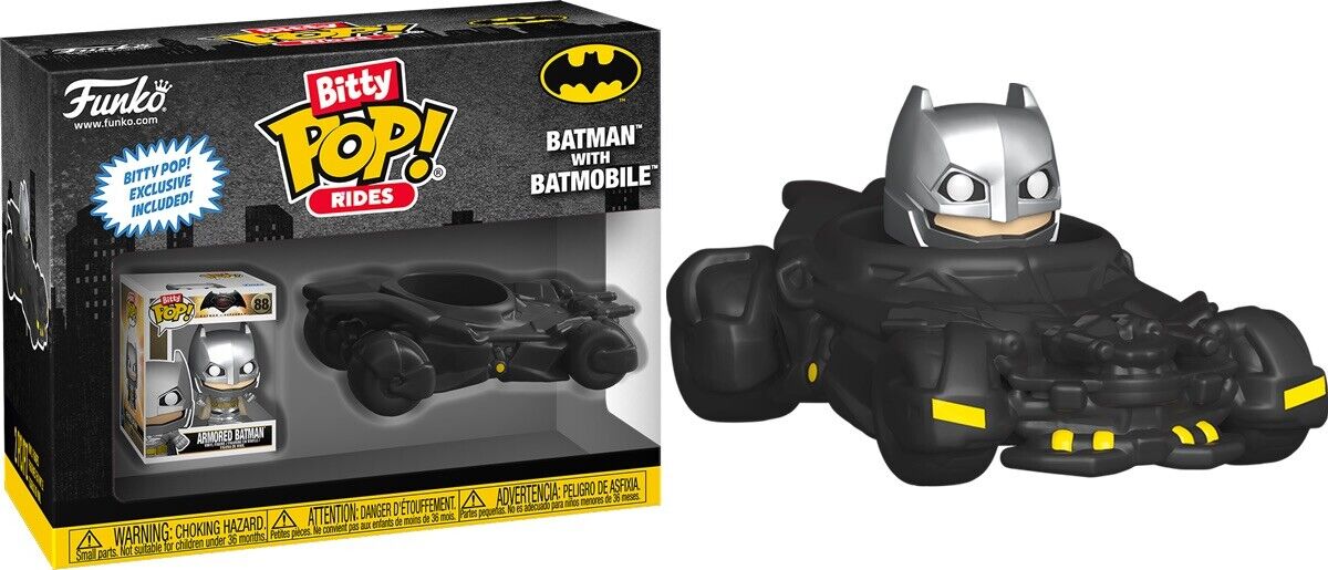 BATMAN WITH BATMOBILE Armoured Batman Funko Bitty Pop! Rides In Stk Now - SOScollectible