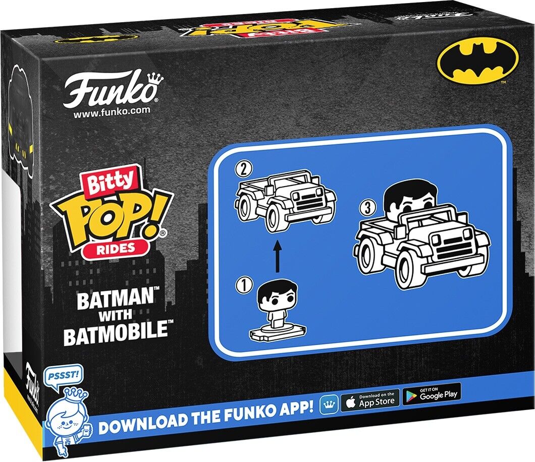 BATMAN WITH BATMOBILE Armoured Batman Funko Bitty Pop! Rides In Stk Now - SOScollectible