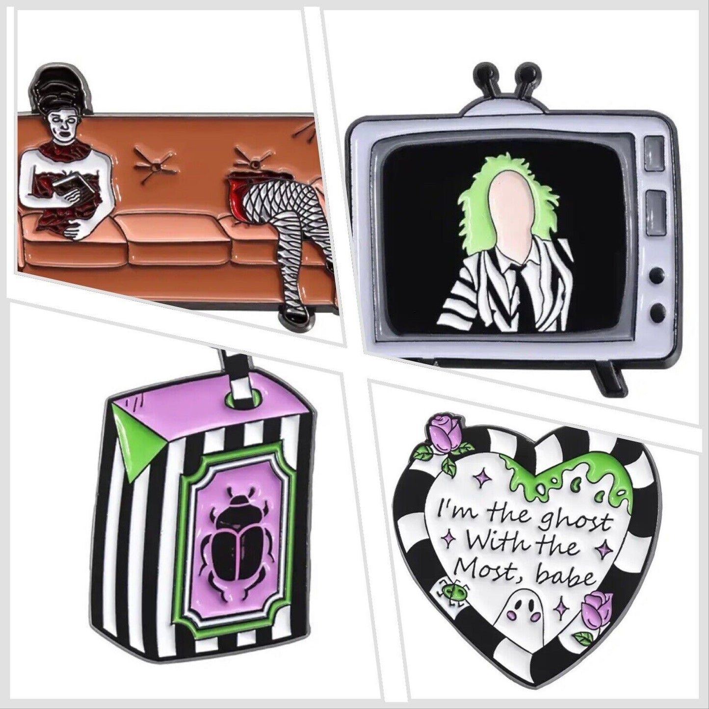 Beetlejuice 4 Pc Pin badge Set Sofa , Tv , Heart & Carton Set Movie Horror - SOScollectible