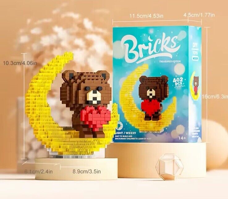 Cute Bear With Heart Light Up Building Bricks Moon Light Gift Valentines - SOScollectible