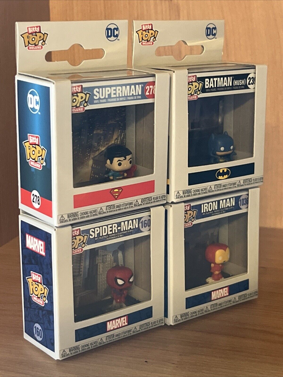 Funko Bitty Deluxe Set Of 4 Batman Iron Man Superman Spider - Man In Stk Now - SOScollectible