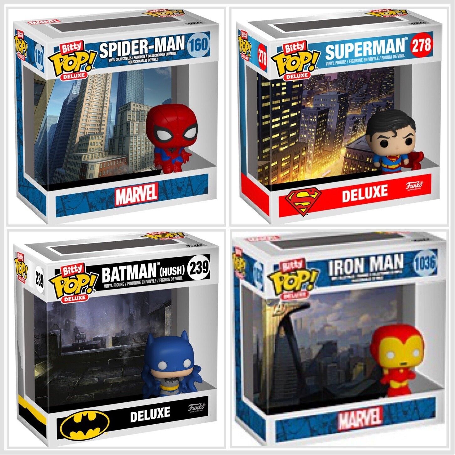 Funko Bitty Deluxe Set Of 4 Batman Iron Man Superman Spider - Man In Stk Now - SOScollectible