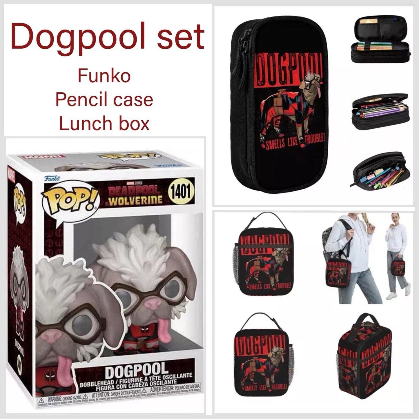 Funko Pop Dogpool Set Figure , Pencil Case , Lunch Box Deadpool Protector Gift 2 - SOScollectible