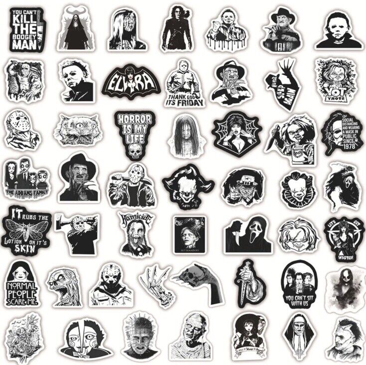 Horror black and white 50 characters movie stickers Chucky Freddy IT Jason New - SOScollectible