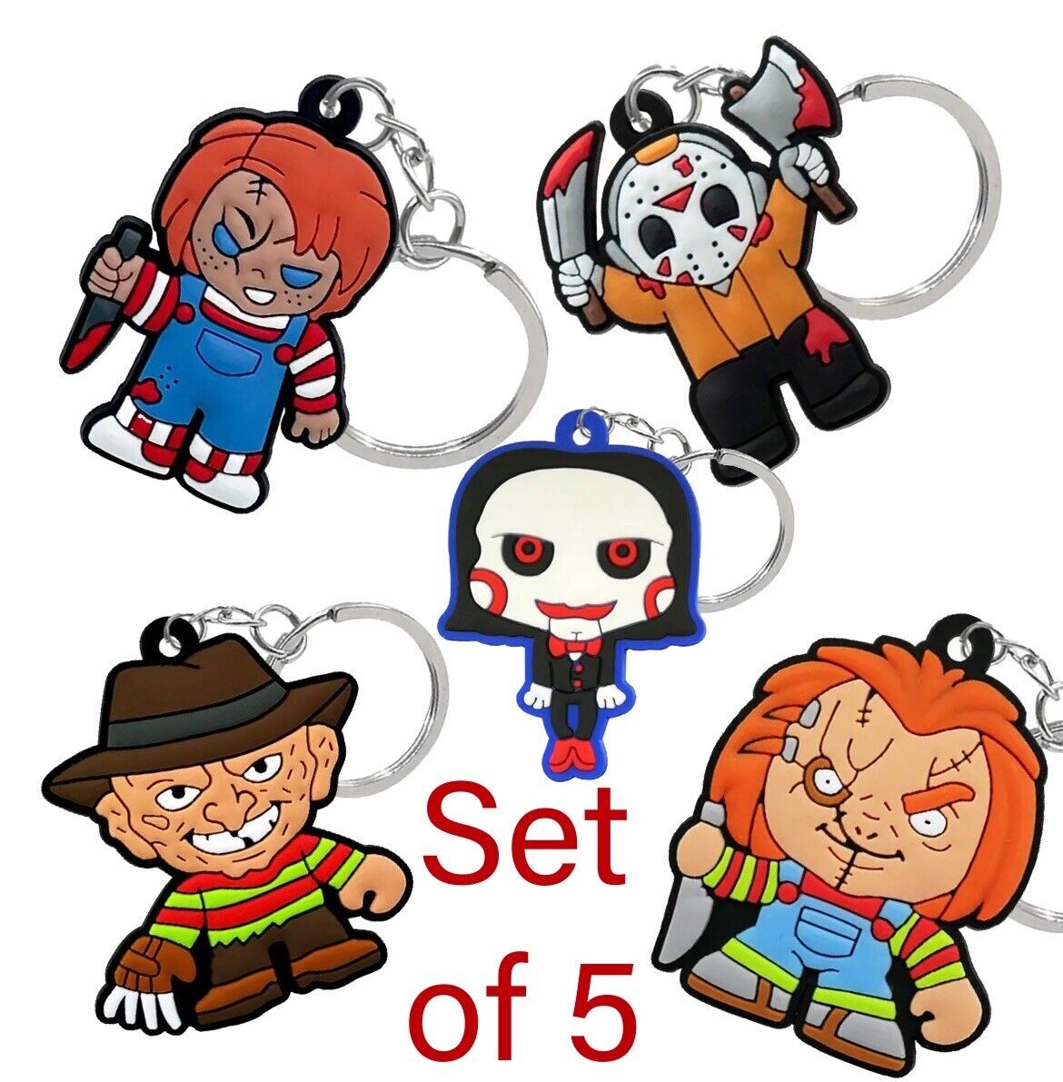 🎈Horror Keyring Set Of 5 Keychain Ring Billy Chucky Jason Horror Movie Gift bag - SOScollectible