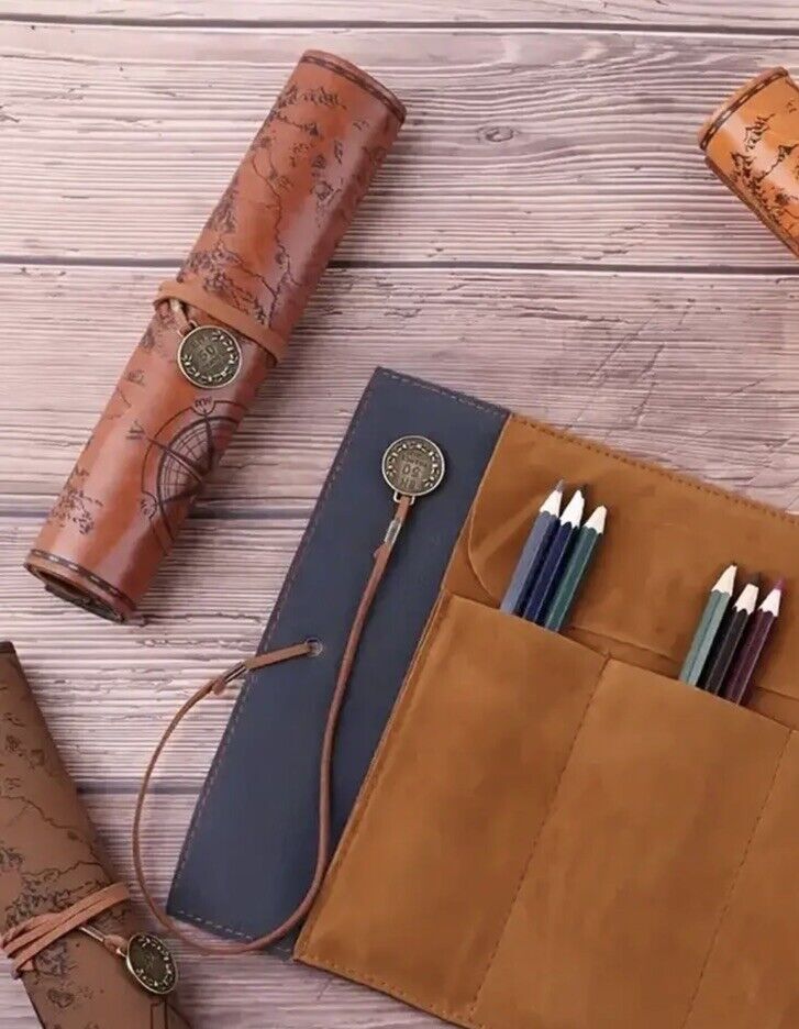 Retro Indiana Treasure Map Pencil Cases Luxury Rolls Leather Pen Bag Pouch - SOScollectible