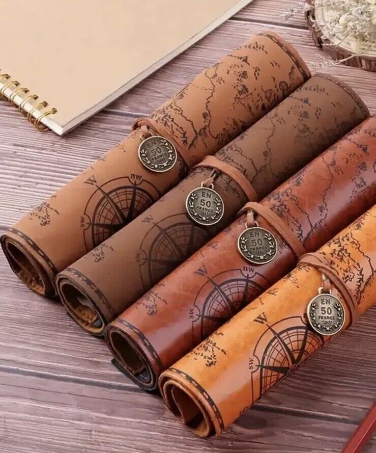 Retro Indiana Treasure Map Pencil Cases Luxury Rolls Leather Pen Bag Pouch - SOScollectible