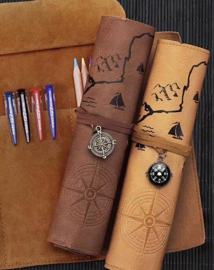 Retro Indiana Treasure Map Pencil Cases Luxury Rolls Leather Pen Bag Pouch - SOScollectible