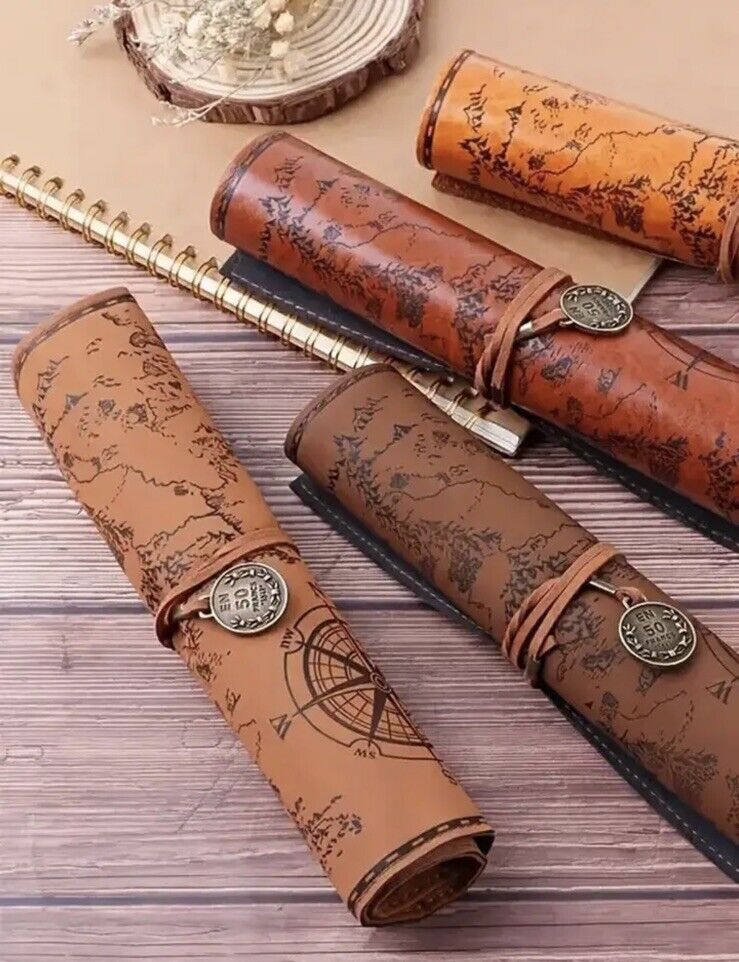 Retro Indiana Treasure Map Pencil Cases Luxury Rolls Leather Pen Bag Pouch - SOScollectible