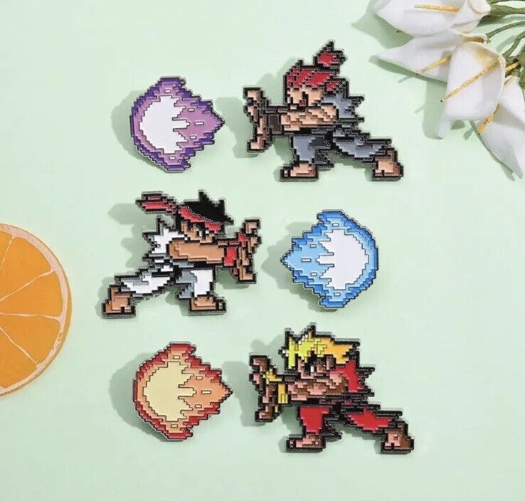 Retro Ken Street Fighter Pin Badges Pixel 2 Piece Collect All 3 Gaming gift bag - SOScollectible