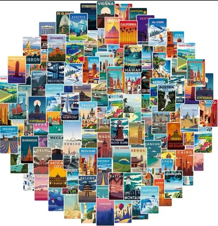 108Pcs Travel Around The World Scenery Series Stickers DIY Travel Cities Gift0