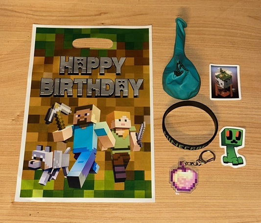 10x Minecraft Theme FILLED Party Bags Inc Bag KeyRing Bracelet Balloon Sticker