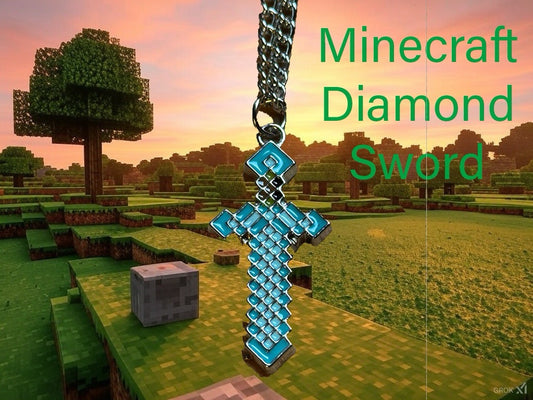 Minecraft Diamond Sword Metal Pendant Chain Necklace Perfect Gift Box Movie