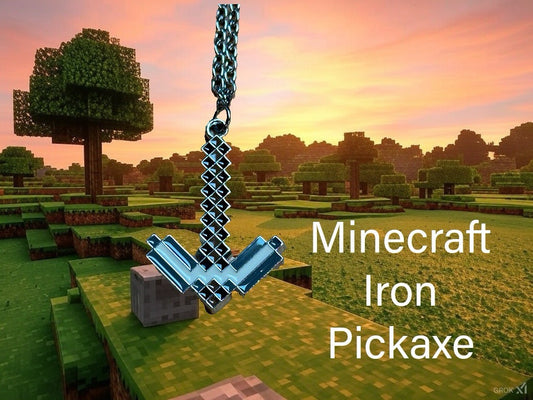 Minecraft Iron Pickaxe Metal Pendant Necklace Gift Bag Movie
