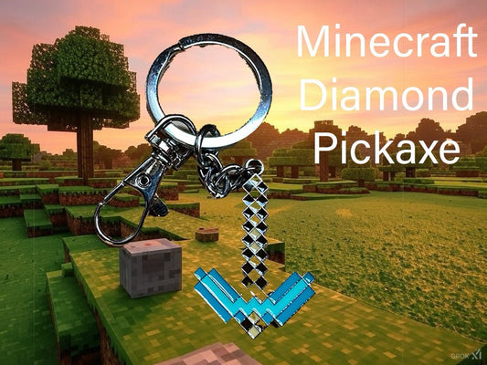 Minecraft Diamond Pickaxe Metal Pendant Key Ring Keyring Perfect Gift Box Movie