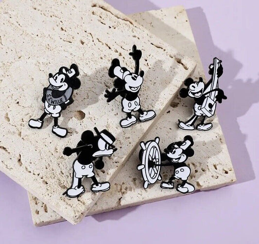 steamboat willie mickey mouse 5 Piece disney pin badge Set Vintage Cartoon - SOScollectible