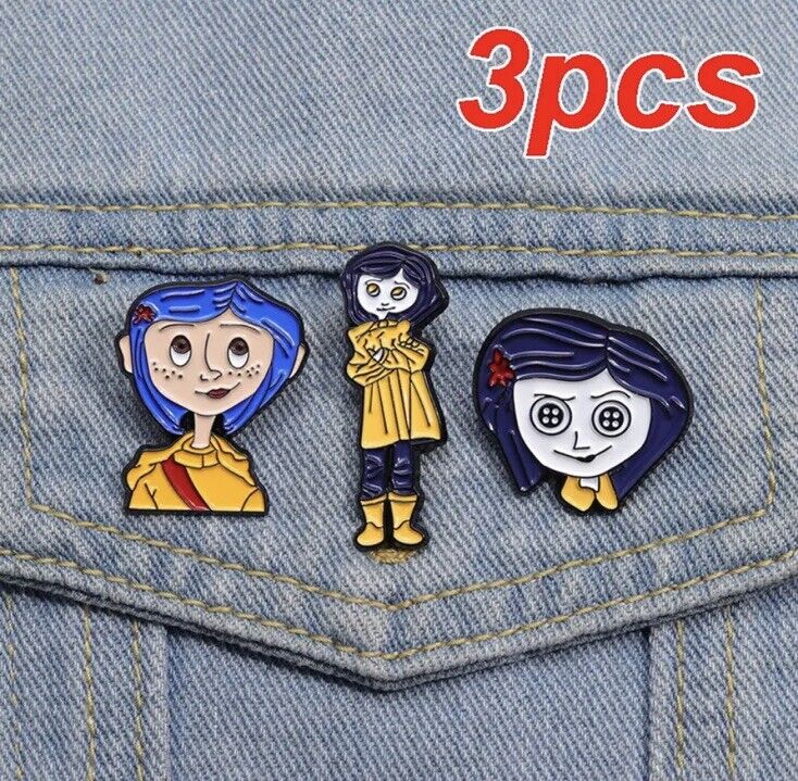 x 3 Coraline Doll Pin Enamel Metal Badge Cult Movie Gaiman Book Set gift bag - SOScollectible