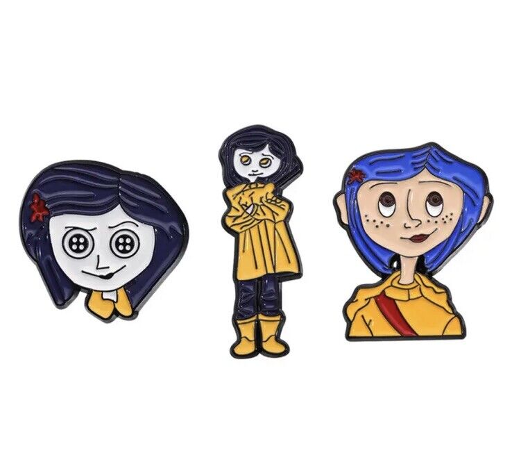 x 3 Coraline Doll Pin Enamel Metal Badge Cult Movie Gaiman Book Set gift bag - SOScollectible