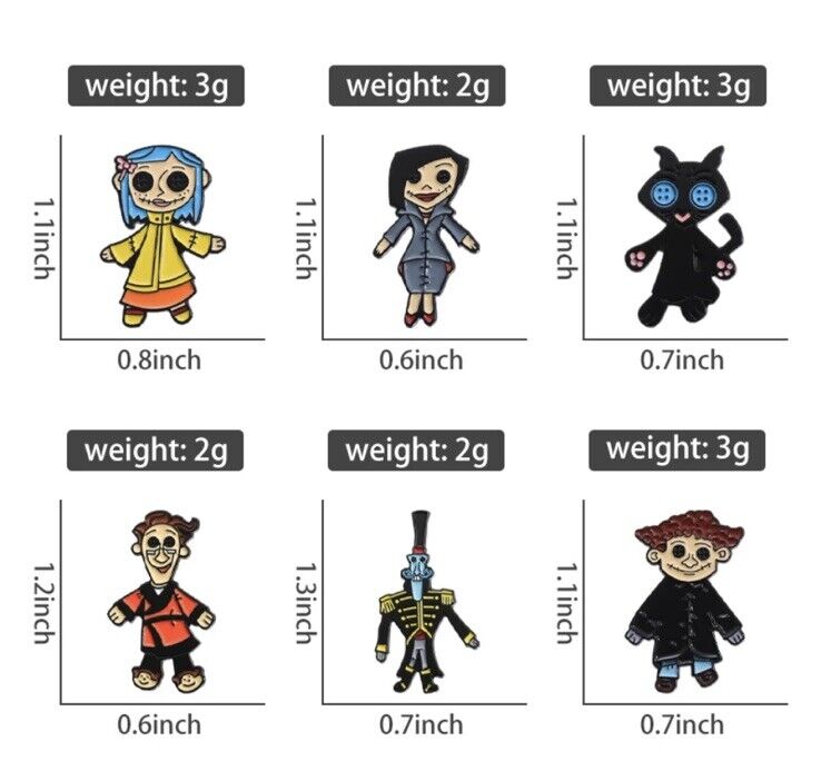 x 6 Coraline Doll Pin Enamel Metal Badge Cult Movie Gaiman Book Set gift bag - SOScollectible