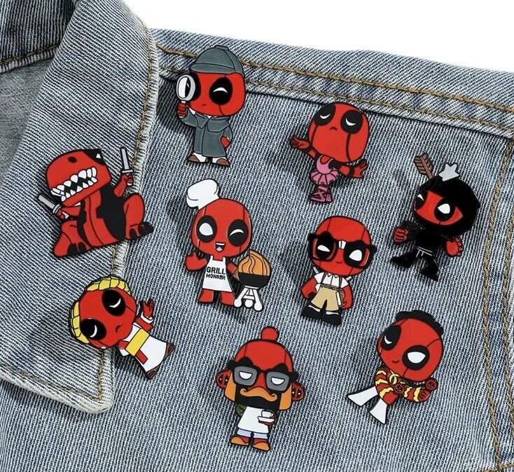 x9 Deadpool Metal Pin Set Various Poses Collect Marvel Dc Superhero gift bag - SOScollectible